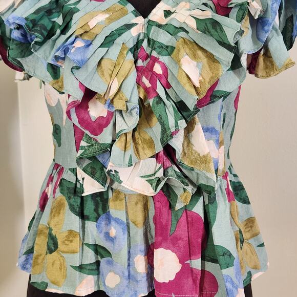 ENTRO Floral Peplum Top with Ruffled Sleeves, Size Medium - Picture 6 of 10